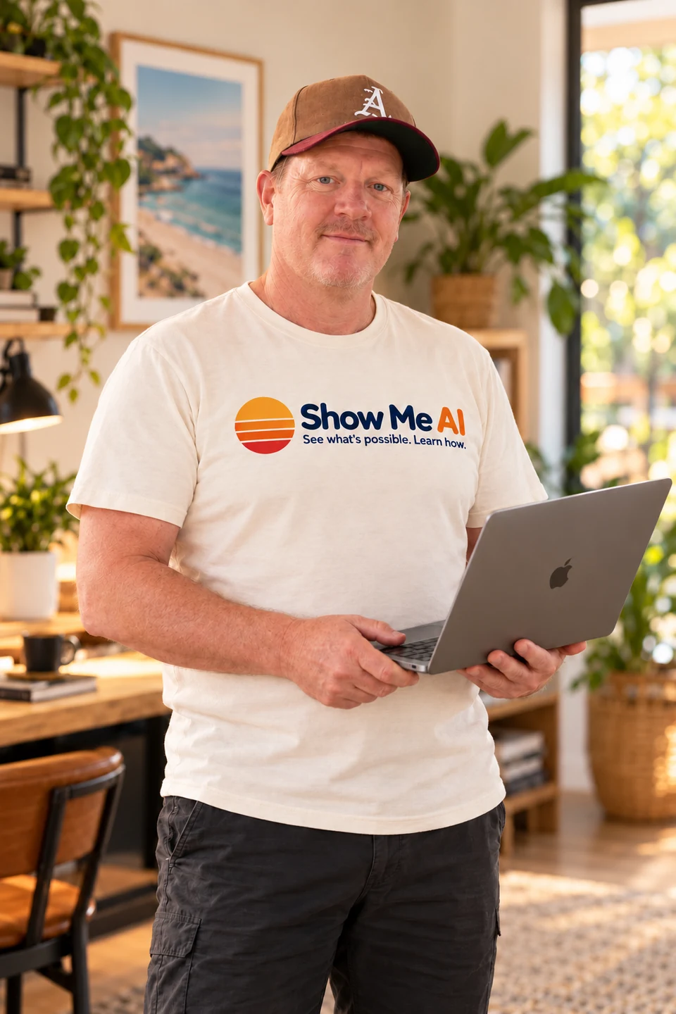 Geoff Winton holding a laptop, wearing a Show Me AI t-shirt